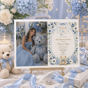 Invitation Ours en peluche floral bleu pour les quinze ans 