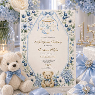 Invitation Ours en peluche floral bleu pour les quinze ans 