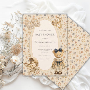Invitation Ours en peluche floral bleu vintage bébé