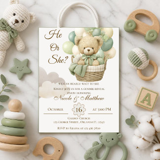 Invitation Ours en peluche Il ou Elle avec Ballons Révélation