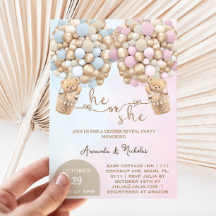 Invitation Ours en peluche Il ou Elle avec Ballons Révélation