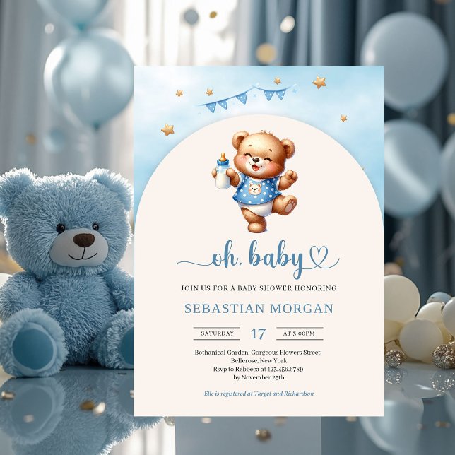 Invitation Ours en peluche jouant à l'aquarelle avec arc de b (watercolor playful teddy bear with baby bottle boy baby shower invitation)
