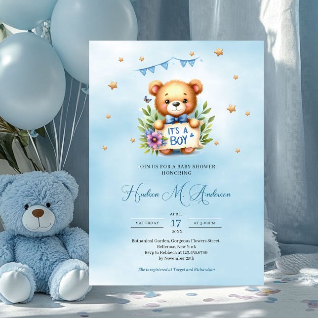 Invitation Ours en peluche lunatique c'est un baby shower gar (teddy bear with ribbon it's a boy baby shower invitation)