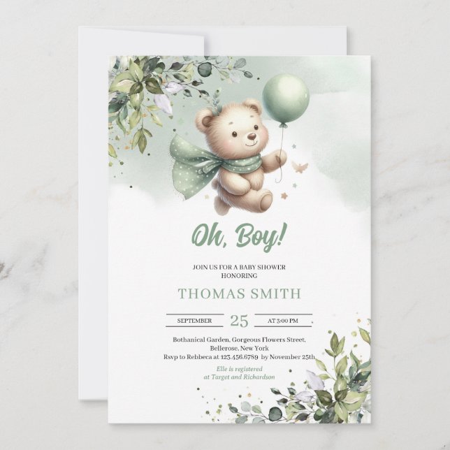 Invitation Ours en peluche mignon avec ballon vert neutre gen (Devant)