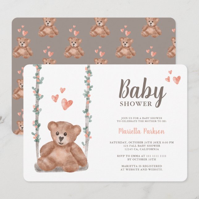 Invitation Ours en peluche mignon baby shower floral aquarell (Devant / Derrière)