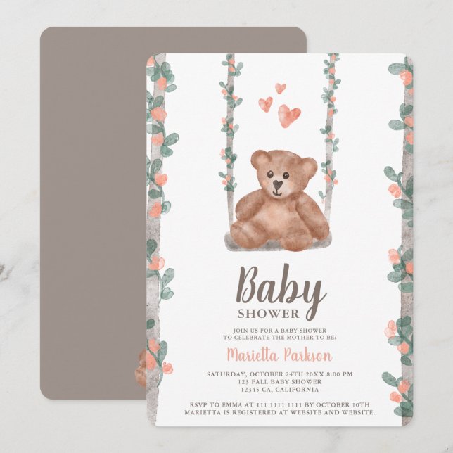 Invitation Ours en peluche mignon baby shower floral aquarell (Devant / Derrière)