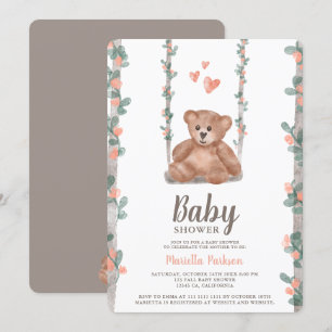 Invitation Ours en peluche mignon baby shower floral aquarell