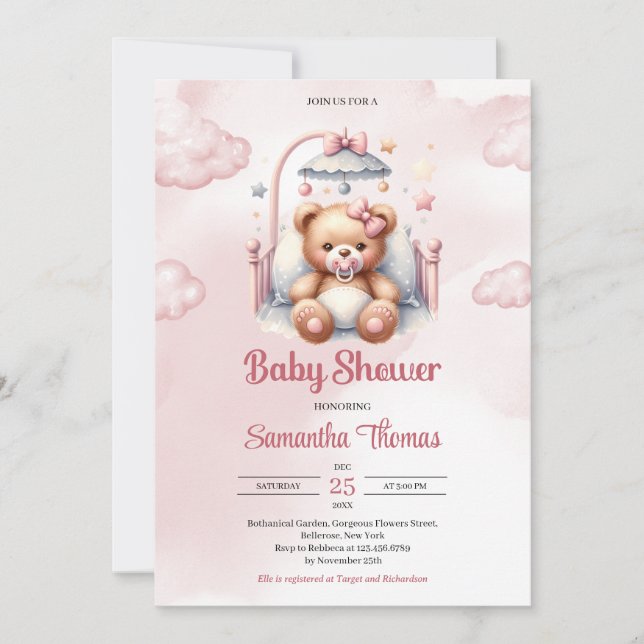 Invitation Ours en peluche mignon couleur rose d'aquarelle en (Devant)