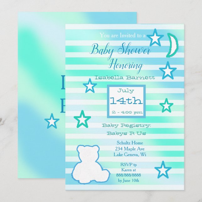 Invitation Ours en peluche mignon, étoiles et lune bleu et ve (Devant / Derrière)