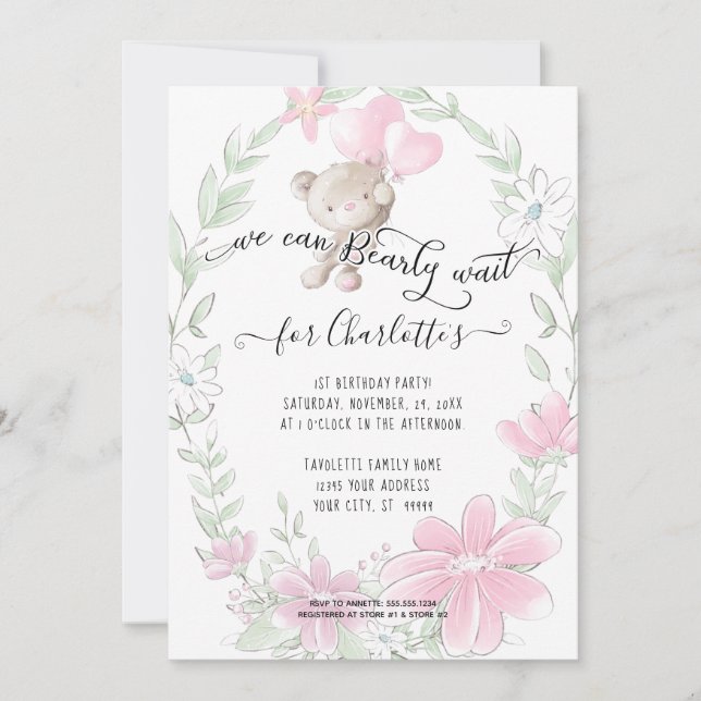 Invitation Ours en peluche mignonne avec ballons Floral Baby  (Devant)