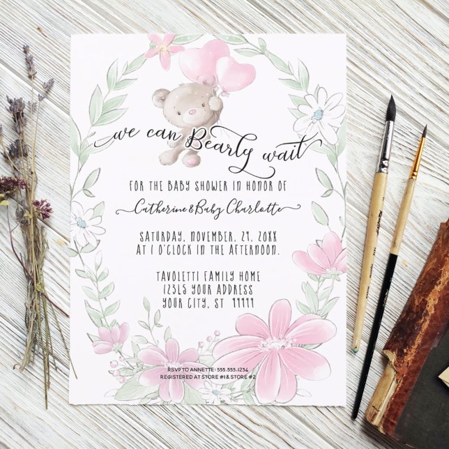 Invitation Ours en peluche mignonne avec ballons Floral Baby  (Créateur téléchargé)