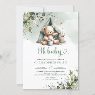 Invitation Ours en peluche neutre genre Boho vert dans tente