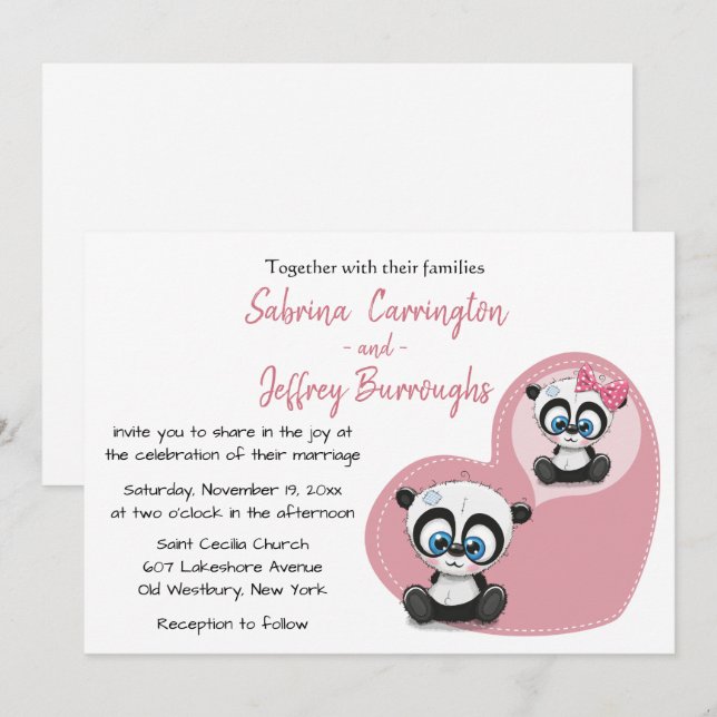 Invitation Ours en peluche Panda Rose Cœur Dessin Animé Maria (Devant / Derrière)
