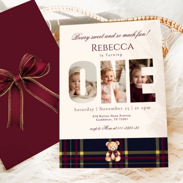Invitation Ours en peluche pour 1er anniversaire fille photo  (Créateur téléchargé)