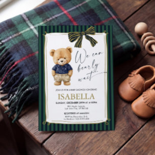 Invitation Ours en peluche preppy bleu vert Baby Shower