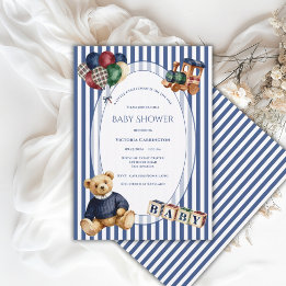 Invitation Ours en peluche rayé bleu et blanc Jouets vintage
