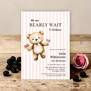 Invitation Ours en peluche rayé Fleurs "À peine attendre" Ann