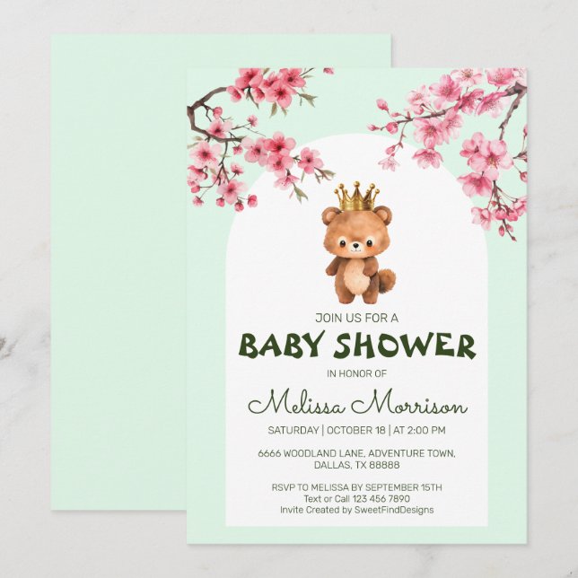 Invitation Ours en peluche Roi Sakura Baby Boy Douche (Devant / Derrière)