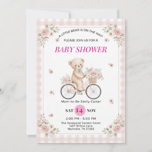 Invitation Ours en peluche rose à carreaux à vélo Baby Shower