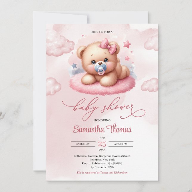 Invitation Ours en peluche rose Aquarelle mignon avec pacifie (Devant)
