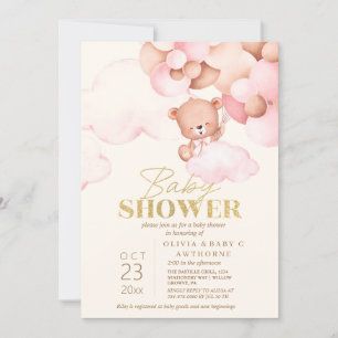 Invitation Ours en peluche rose et or pour Baby Shower fille