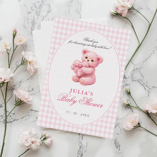 Invitation Ours en peluche rose gingham pour Baby Shower neut