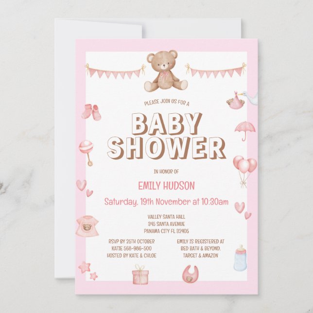 Invitation ours en peluche rose modifiable (Devant)