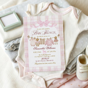 Invitation Ours en peluche rose prépa Fille Baby Shower Plaid