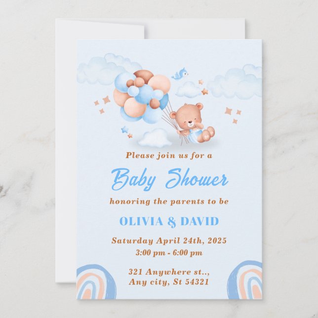 Invitation Ours En Teddy, Ballons Bleu Et Baby shower Brown (Devant)