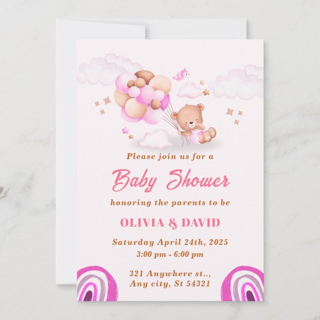 Invitation Ours En Teddy, Balloons Rose Et Baby shower Brown (Devant)