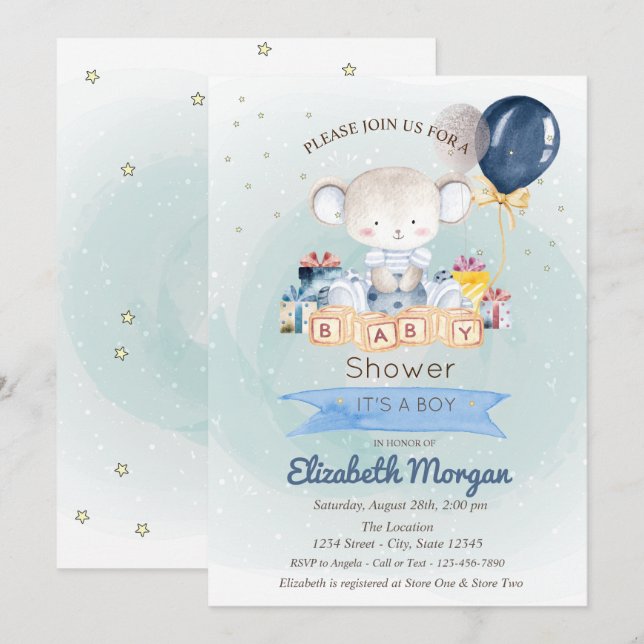 Invitation Ours En Teddy, Étoiles Présente Baby shower Bleu (Devant / Derrière)