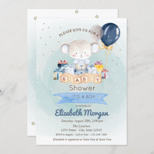 Invitation Ours En Teddy, Étoiles Présente Baby shower Bleu