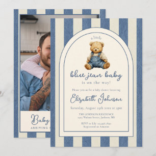 Invitation Ours en Teddy Jean Bleu Photo Code QR Baby Shower