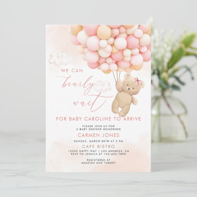 Invitation Ours en Teddy rose avec ballons Baby shower Invita (Debout devant)
