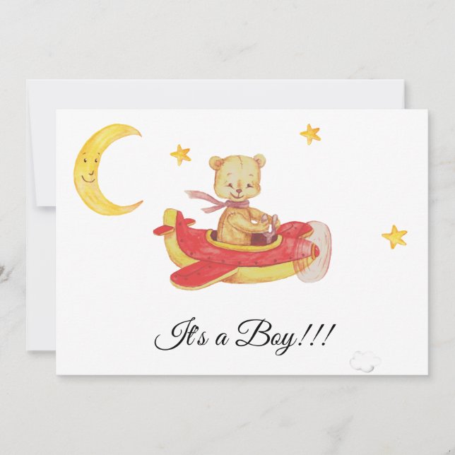 Invitation *~* Ours En Teddy Simple Avion Rouge Bébé Garçon D (Devant)