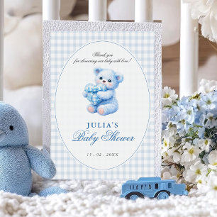 Invitation Ours en tissu Gingham bleu Fête bébé neutre