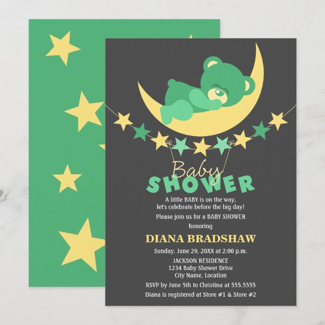Invitation Ours En Tourbe Vert Couché Sur Le Baby shower Lune (Devant / Derrière)