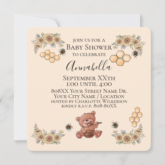 Invitation Ours et abeilles au miel mignons avec Baby shower  (Devant)