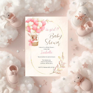 Invitation ours et ballons pour une baby shower fille