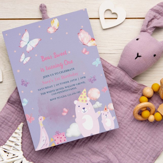 Invitation Ours et canard en peluche pourpre 1er anniversaire (Créateur téléchargé)