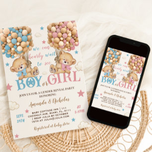 Invitation Ours Étoiles et ballons bleu rose Révélation de ge