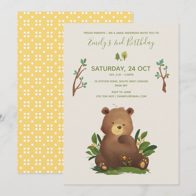 Invitation Ours ・ Forêt de bois Animaux Anniversaire Russe (Devant / Derrière)