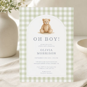 Invitation Ours Garçon Vert Sauge à Carreaux Baby Shower