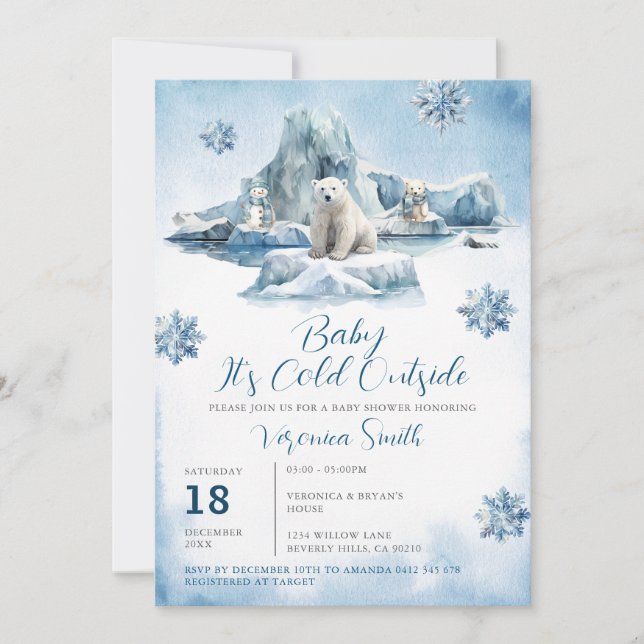 Invitation Ours Hiver Arctic Animaux Baby shower Snowflakes (Devant)