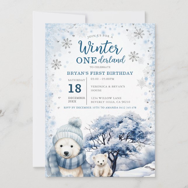 Invitation Ours Hiver Onederland Arctique Animaux Anniversair (Devant)