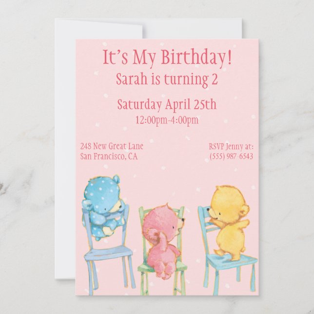 Invitation Ours jaunes, roses et bleus Anniversaire (Devant)