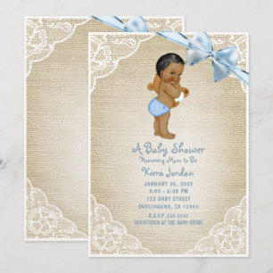 Invitation Ours marron pour bébé garçon et noeud bleu en toil