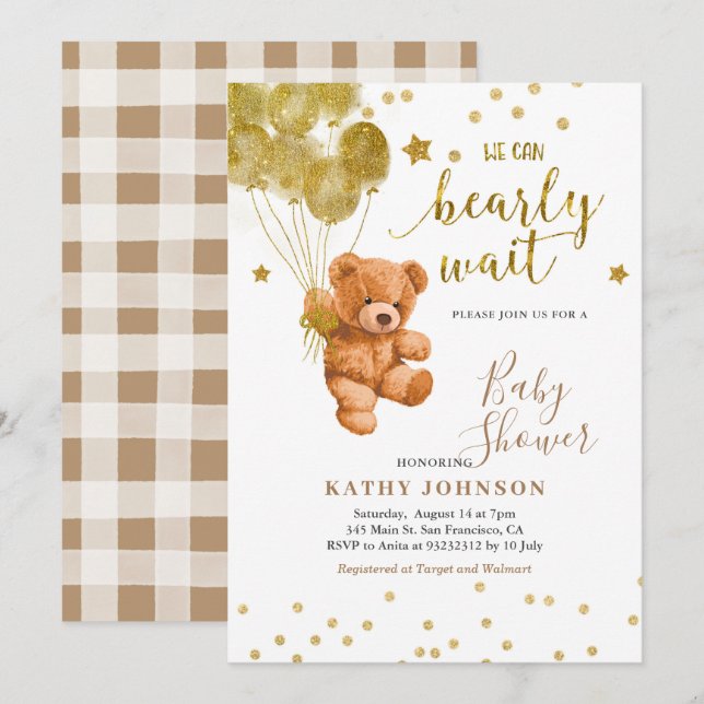 Invitation Ours mignon avec Baby shower de ballon d'or Invita (Devant / Derrière)