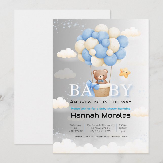 Invitation Ours mignon avec ballons Baby shower double ombrag (Devant / Derrière)