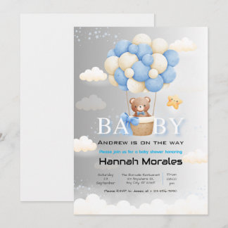 Invitation Ours mignon avec ballons Baby shower double ombrag